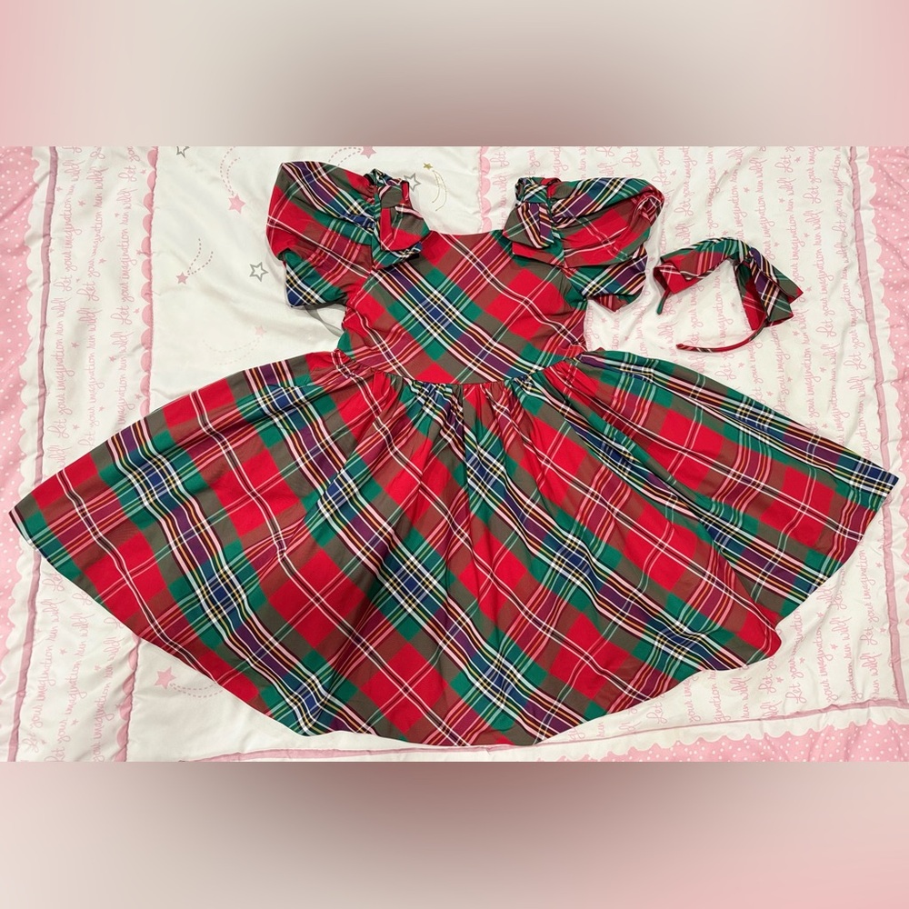 3, Janie and Jack Tartan Plaid Dress with Bow Headband